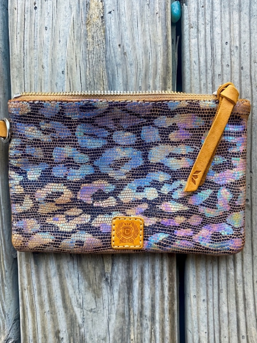 CONSUELA-  Iridescent Leopard Print Pouch with Tan Trim